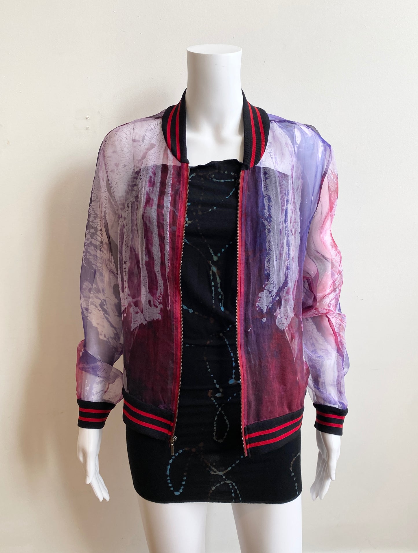 Silk Organza Bomber Jacket in Ruby Red Crackle Candy