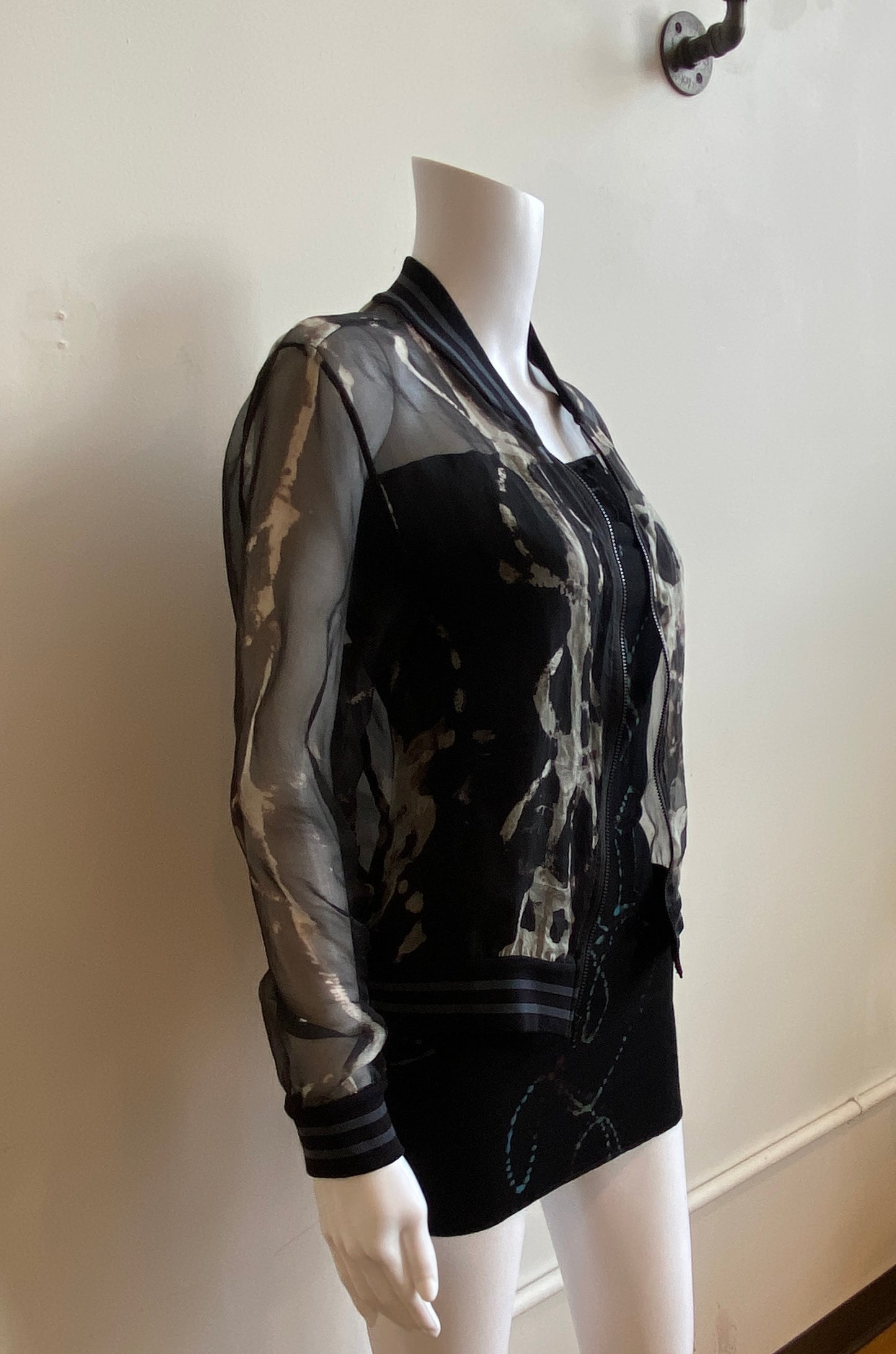 Silk Organza Bomber Jacket in Black Grey Helix