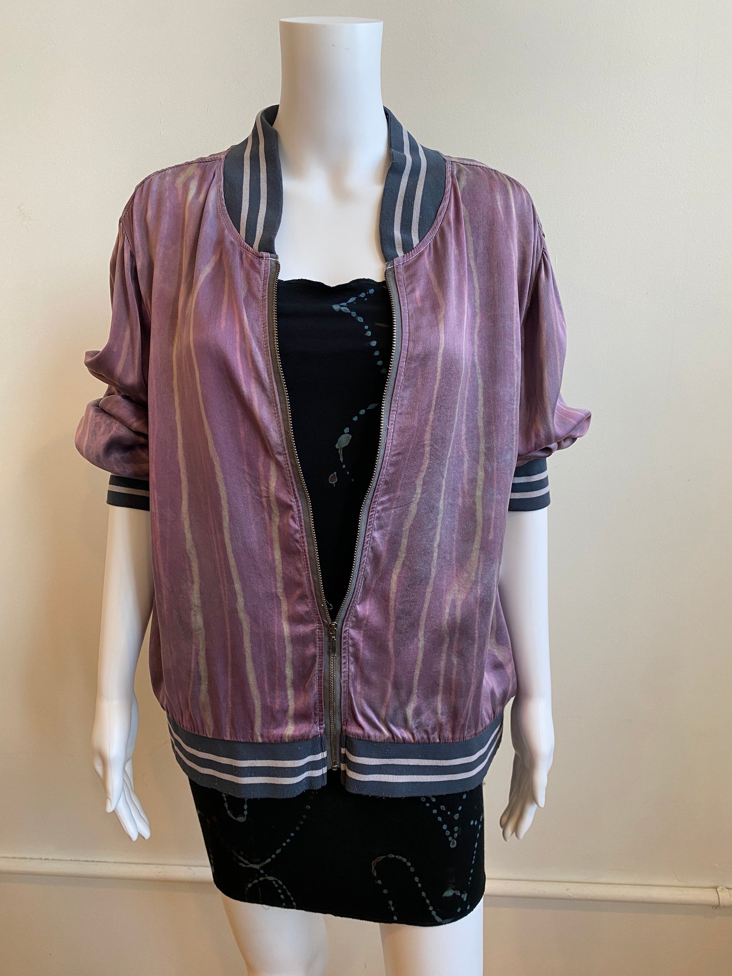 Silk Charmeuse Bomber Jacket in Mauve Memory Lines