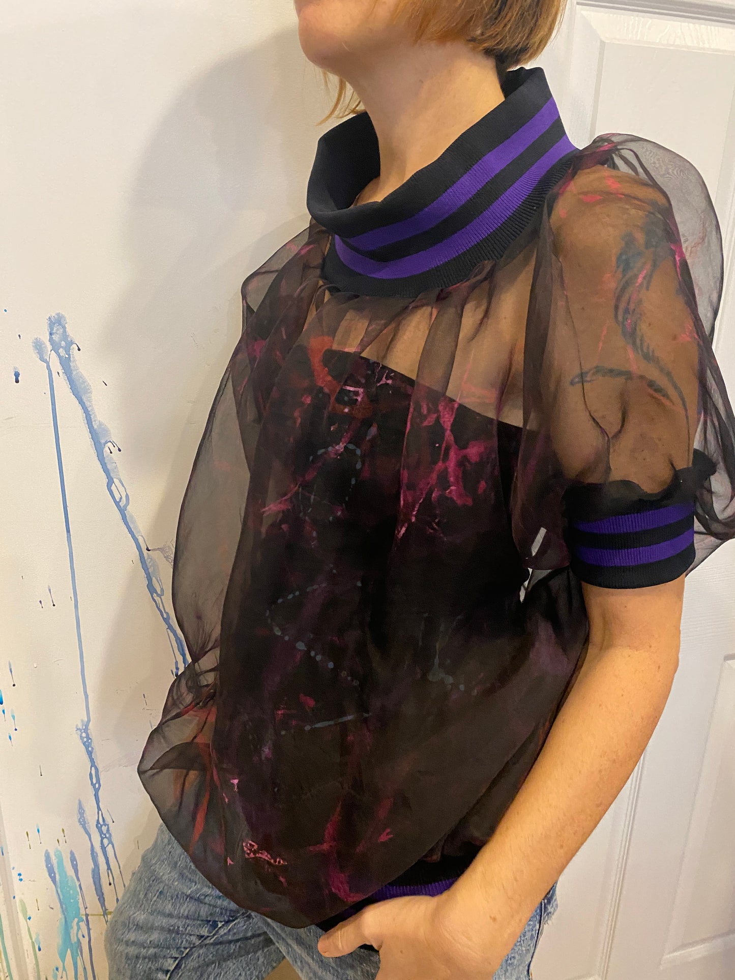 Free Size Organza Puff Dolman with Baseball Ribbing in Pink and Purple Scribbles