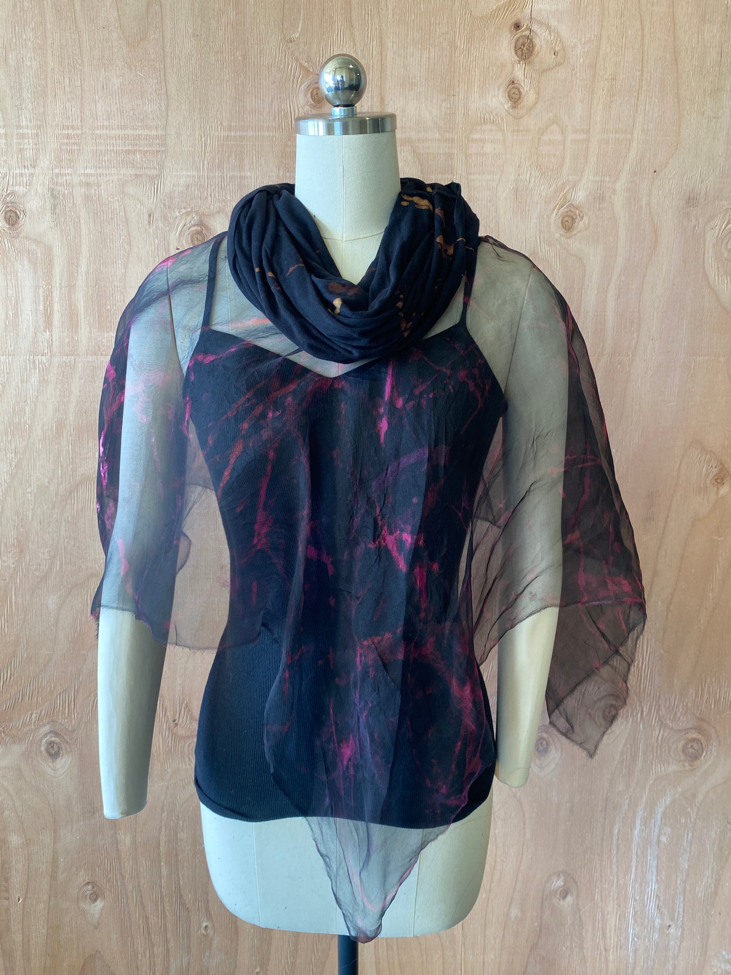 Silk Organza Poncho with Hoodie in Midnight Maroon Scribble