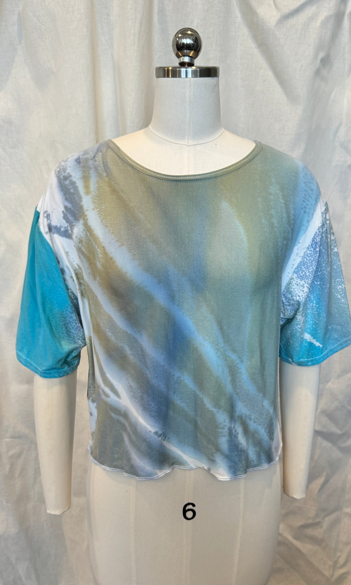 Mens's Crop Tee with Monoprint and Teal Sleeves