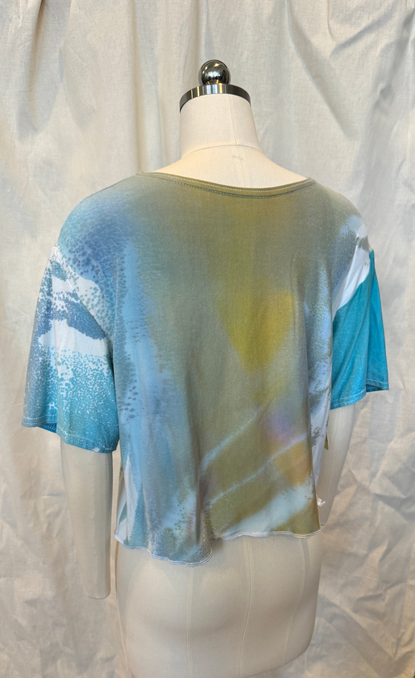 Mens's Crop Tee with Monoprint and Teal Sleeves