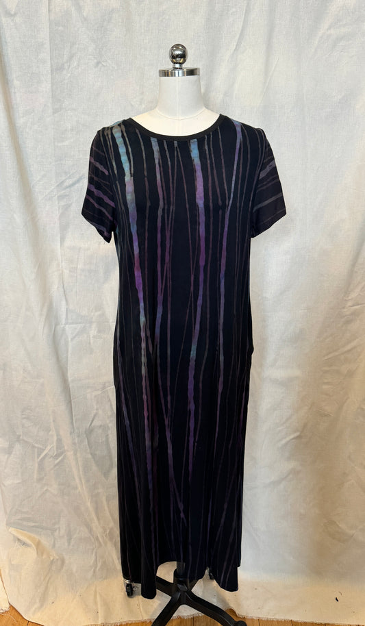 MANDY ELBOW SLEEVE DRESS in Delicate Grey Purple Blue Lines