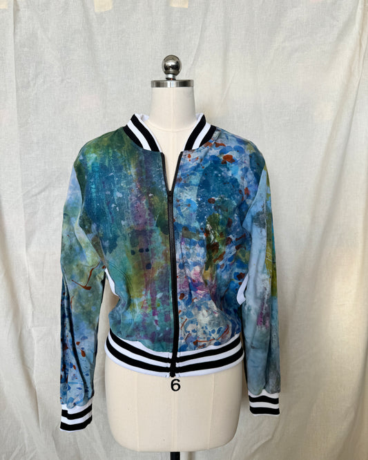 Cotton Dropcloth Painterly Blues Bomber Jacket