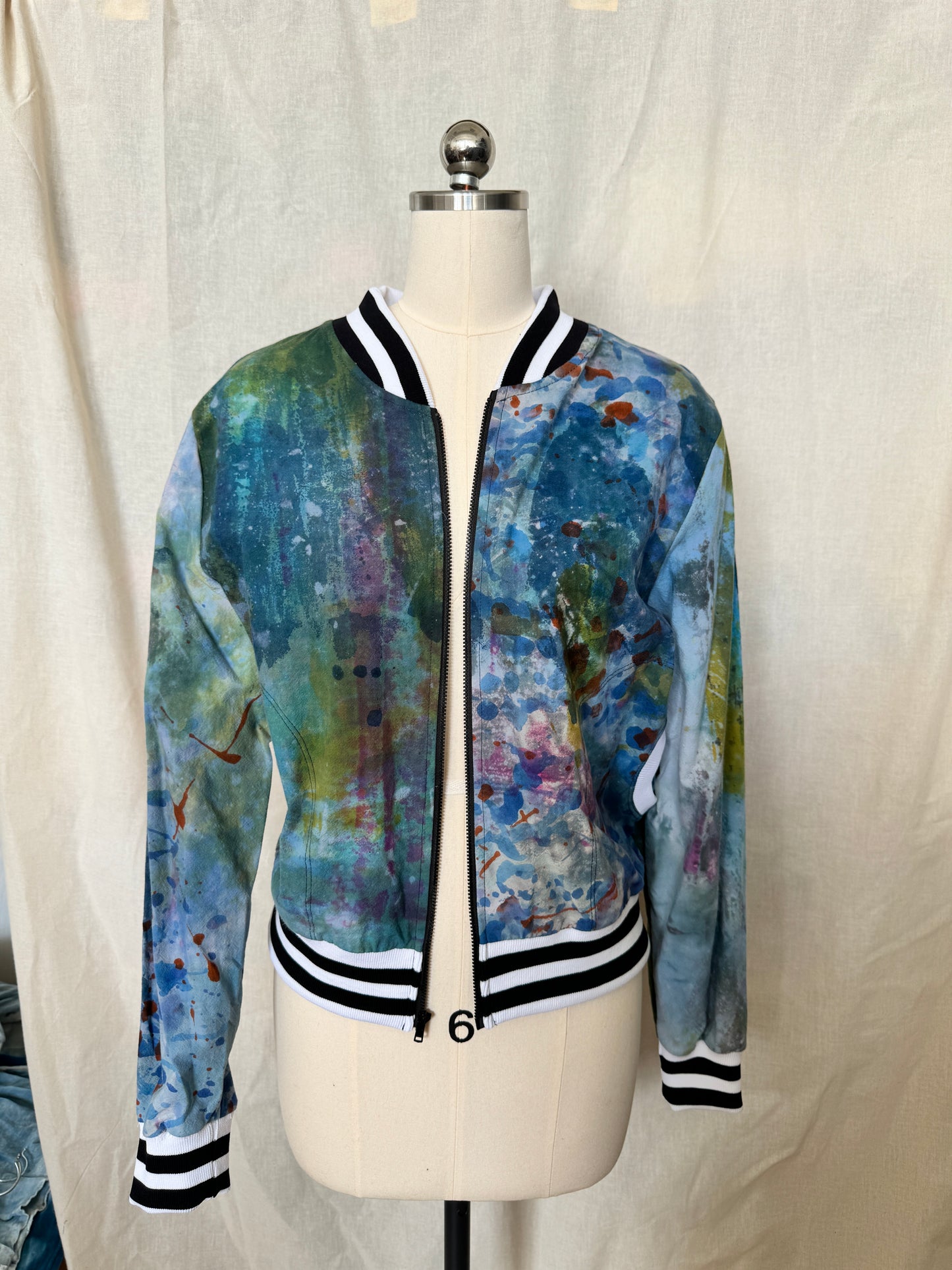 Cotton Dropcloth Painterly Blues Bomber Jacket